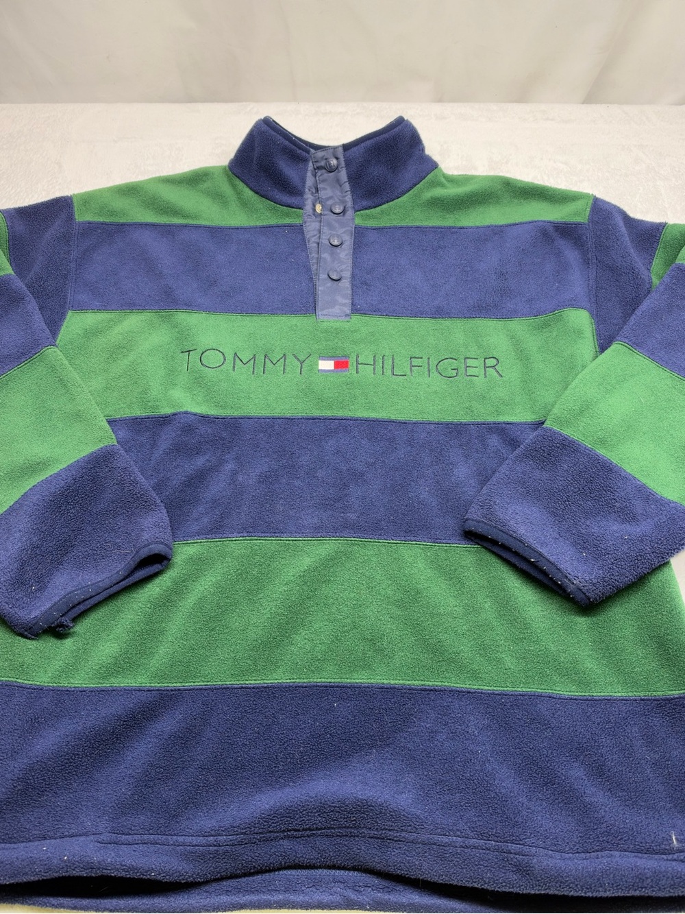 Tommy Hilfiger Men's Green Striped Fleece Pullover 1/4 Button Vintage 90s L